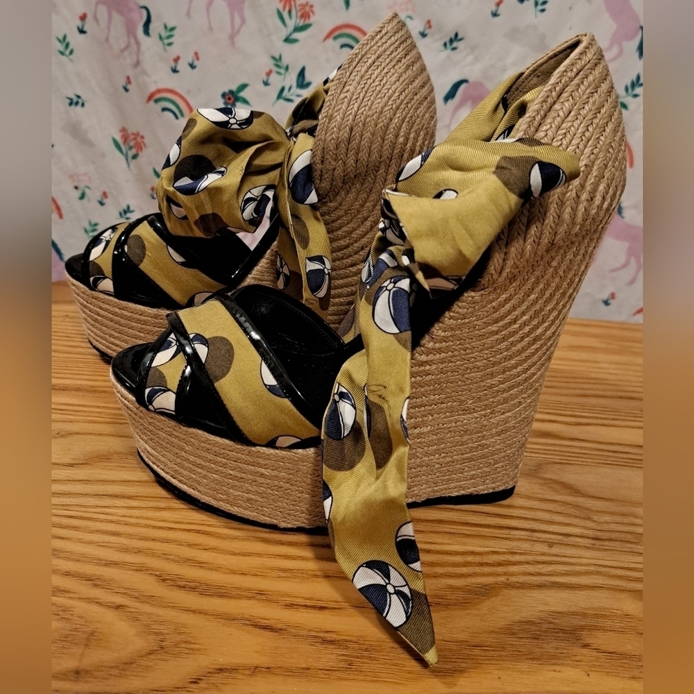 EUC RARE Vintage Y2K Gucci Platform Boho Jute & Silk Wedge Espadrille Shoe SZ 6 - Picture 3 of 10